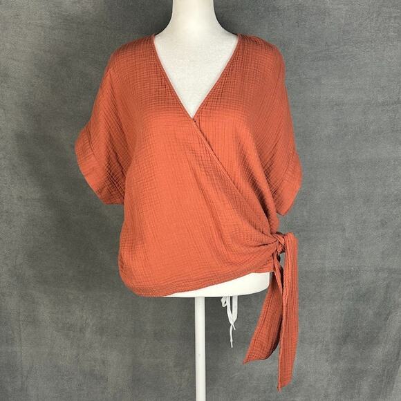 Madewell Top Womens XXL Rust Wrap Short Sleeve Gauze Boho Beach Preppy Resort - Picture 1 of 11